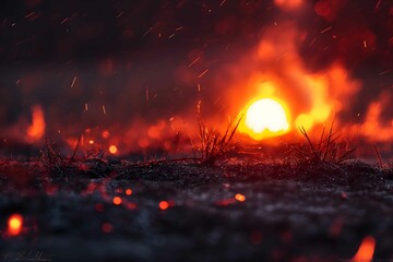 A forest on fire, the burning trees and grass  in flames. Orange and red hues against black night sky. Large scale natural disaster. Night sky. Fiery landscape	