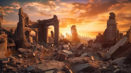 Wandaufkleber Sunset Over Earthquake-Damaged Ruins © didiksaputra