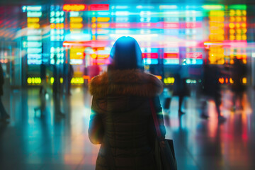 A traveler with a backpack looking for departure and arrival information board at the airport with...