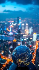 American Companies' Global Reach: A Glowing Sphere Illuminated by City Lights from an Aerial Perspective