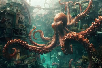 Fantasy Octopus City: A Surreal Underwater Kingdom of Colorful Coral Structures and Intelligent Marine Life - obrazy, fototapety, plakaty