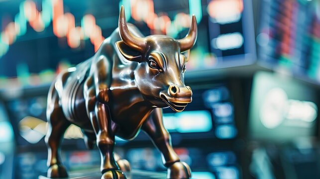 Bronze Bull Statue on the Trading Floor of the New York Exchange Symbolizing American Market Growth Opportunities