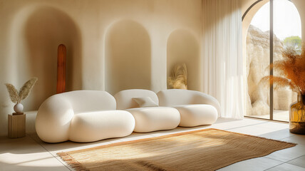 Fototapeta na wymiar White sofa bathed in sunlight Accented with warm textures and attractive open archways.
