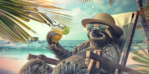 Fototapeta premium a sloth wearing sunglasses and a straw hat lounging in a beach chair with a cocktail against a tropical background, generative AI