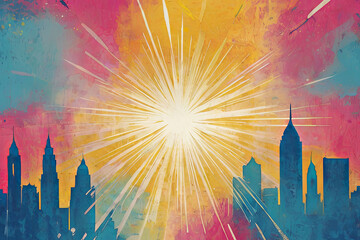 City sky abstract art. Starburst in yellow, white, pink, and blue. Risograph print vintage texture...