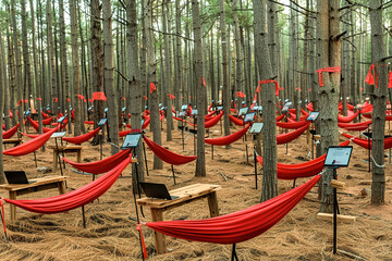 Tranquil forest glade transformed into an outdoor office space, with rustic wooden desks, hammocks, and panoramic views, perfect for remote work.
