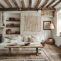 Rustic elegance farmhouse interior design with natural furniture in living room