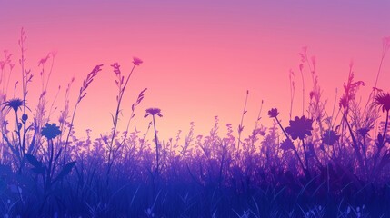 Wildflower Silhouettes At Twilight, Serene Nature Backdrop With Gradient Sky Hues: Tranquil Evening, Floral Silhouettes, Twilight Beauty, Nature's Palette