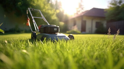 Fototapeta premium Close-Up of Mower Cutting Through Fresh Green Grass