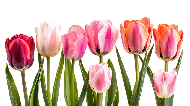 group of blooming tulips isolated on white background PNG