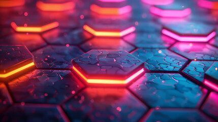 Fototapeta premium Abstract background of hexagon background. Colorful hexagons background, chaotic hexagons. Colorful background with glowing elements.