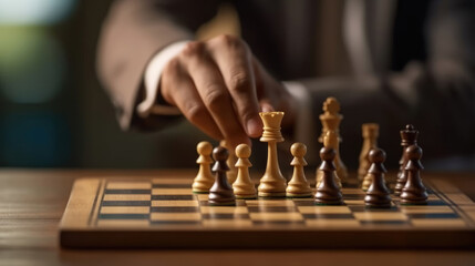 Close-up of Businessman Moving Chess Piece on Board