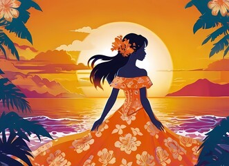 夕暮れのハワイの風景とフラダンス民族衣装を着た女性壁紙イラスト - obrazy, fototapety, plakaty