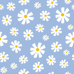 Seamless pattern with white groovy daisy flowers on blue background. Vector illustration.