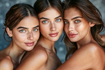 A photo of three young, pretty women with a close-up face shot in the studio.