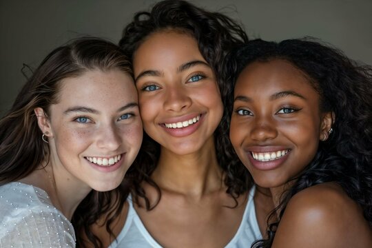 A photo of three young, pretty, happy women with a close-up face shot in the studio.