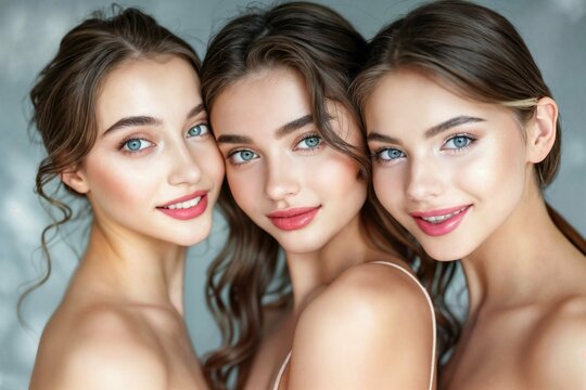A photo of three young, pretty, happy women with a close-up face shot in the studio.