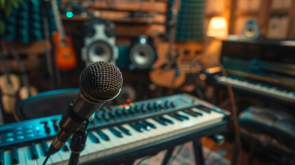 Professional Microphone with Computer and Musical Equipment Guitars, Recording Studio Setup...