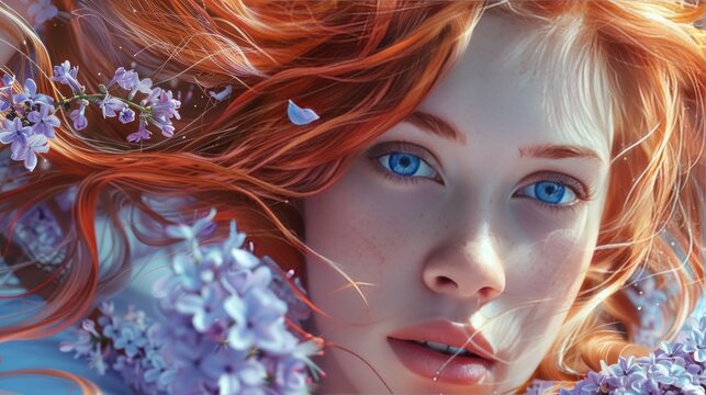 Portrait of a beautiful red-haired girl with freckles and clear blue eyes in lilac flowers - Powered by Adobe