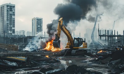 Construction site fire, burning house and black smoke generated AI