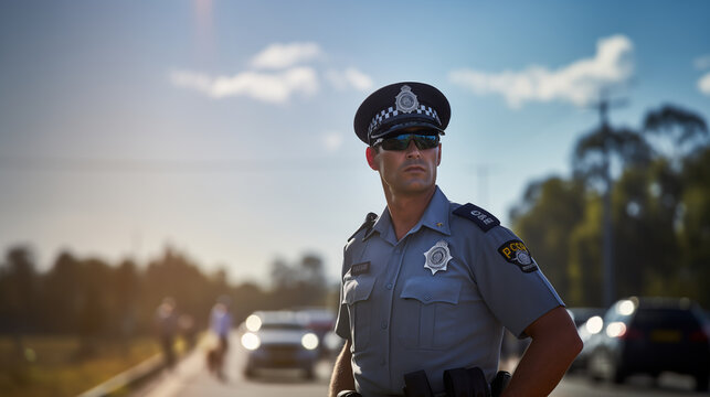 Dedicated Police Officer Monitoring Traffic During Golden Hour on a Busy Highway