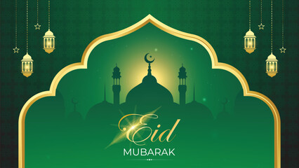 Elegant eid mubarak islamic background green with mosque silhouette and lantern. Eid mubarak greeting card. © Accountanz