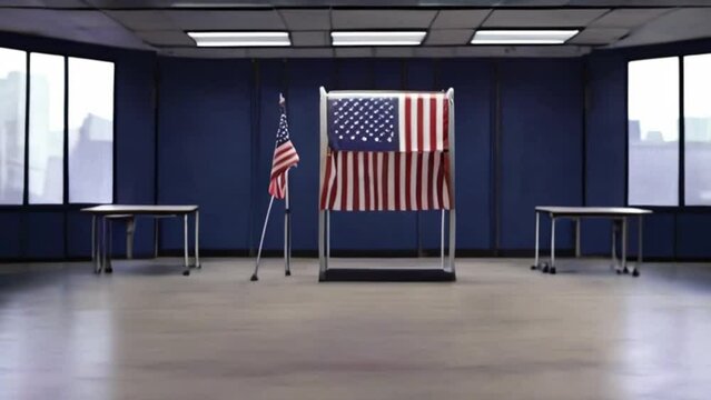 Establishing Footage of an American Flag on a Voting Booth in an Empty Modern Polling Station in a Financial District. Elections Day Concept with Patriotic United States of America Visuals