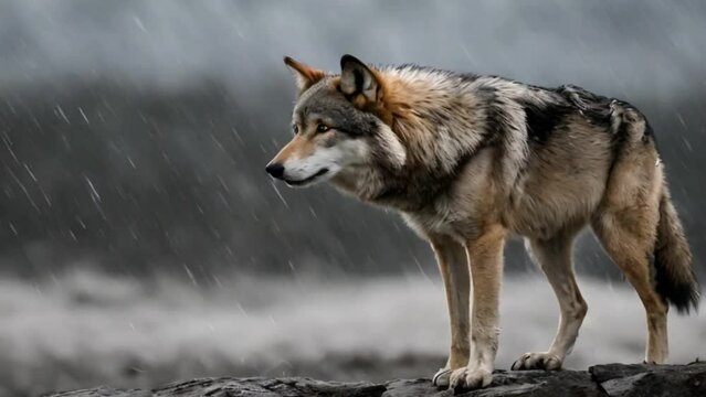 A gray wolf canis lupus in the rain by the lake 