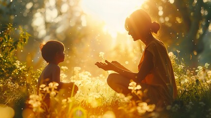 woman child sitting grass beams sunlight gorgeous buttercups open hand particles air storybook layout humanized hcl children nature mother appeasing - obrazy, fototapety, plakaty