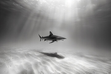 a shark swimming in the ocean with sun shining through the water