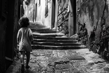 Cercles muraux Ruelle étroite a little girl walking down a narrow alleyway