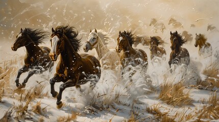horses running snow field tall grass swiping brushwork extremely oil native computer lucky sequence swarm hunted - obrazy, fototapety, plakaty