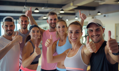 A group of people in sportswear giving thumbs up and smiling at the camera while standing together inside a modern gym