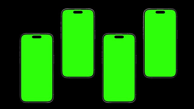 Multiple Smartphones Mockup Series with blank green screen, isolated on Black background. HD animation for app Prentation and commercials
