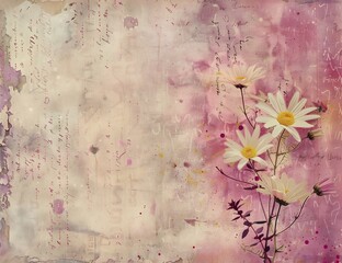 daisies piece paper pink zen gorgeous rustic faded parchment contemporary artistic collage canvas nouveau tenderness song - obrazy, fototapety, plakaty