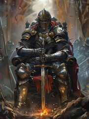 knight sitting throne sword hand trench crusade concept warm rendition necromancer table