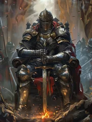 Fotobehang knight sitting throne sword hand trench crusade concept warm rendition necromancer table © Cary