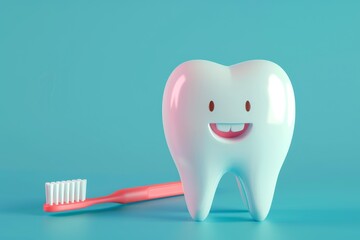 Fototapeta na wymiar 3D illustration of a healthy white tooth and a toothbrush on a blue background