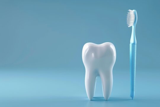 3D illustration of a healthy white tooth and a toothbrush on a blue background