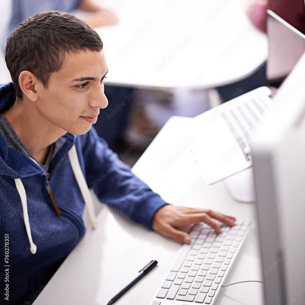 Poster Young man, computer and typing at office desk for web development, programming or information technology. Business programmer, worker or online designer on multimedia for planning and startup project