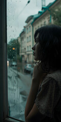 Mulher olhando pela janela em um dia chuvoso - obrazy, fototapety, plakaty