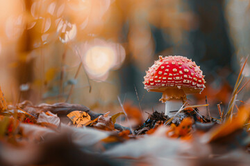 a mushroom is sitting on the ground in the woods - Powered by Adobe