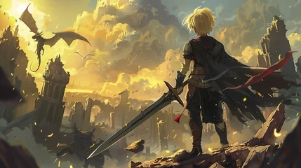 Fotobehang illustration man sword standing cliff dungeon dragons blond boy streaming begin again cracks armor one protagonist foreground mouse guard © Cary