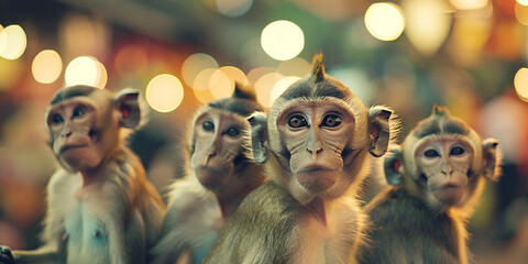 Close up view of Group of drunken monkeys With sharpness with bokeh blurred lights background - obrazy, fototapety, plakaty