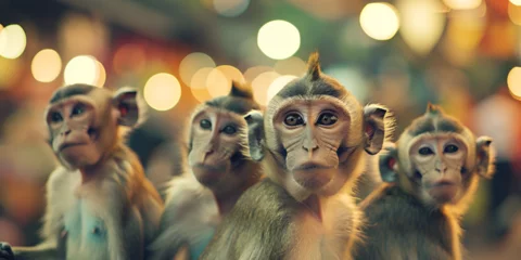 Fotobehang Close up view of Group of drunken monkeys With sharpness with bokeh blurred lights background © Muhammad