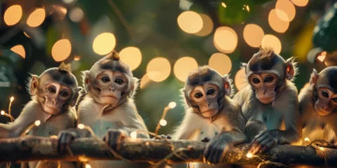Fotobehang Close up view of Group of drunken monkeys With sharpness with bokeh blurred lights background © Muhammad