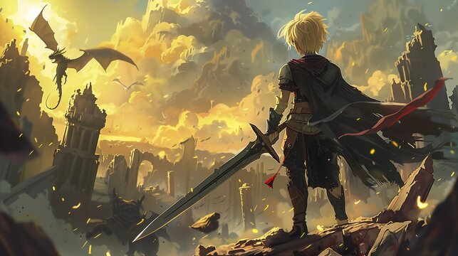 illustration man sword standing cliff dungeon dragons blond boy streaming begin again cracks armor one protagonist foreground mouse guard