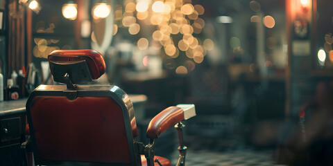 Close up brown leather chair in barbershop internal view with lights blurred caffe - obrazy, fototapety, plakaty