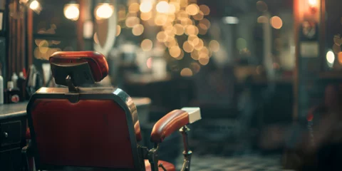 Fotobehang Close up brown leather chair in barbershop internal view with lights blurred caffe © Muhammad