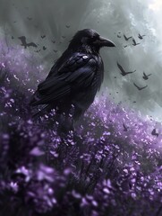 blackbird sitting purple flower field among ravens necrosis thrones somber expression provenance - obrazy, fototapety, plakaty